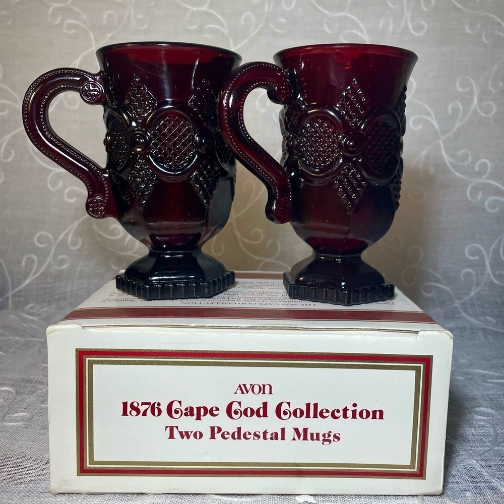 NEW Vintage set of 1876 Cape Cod Glass Ruby Oxblood Red Pedestal Mugs  (2)